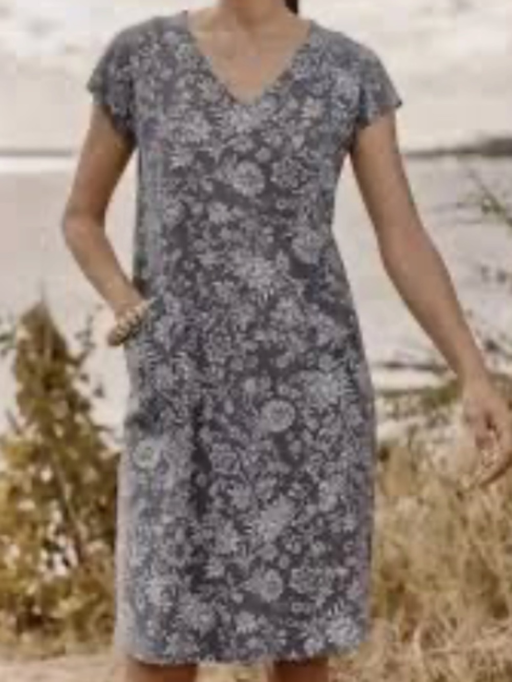 purejill J. Jill cotton knit dress size L large floral shift pockets gray shirt